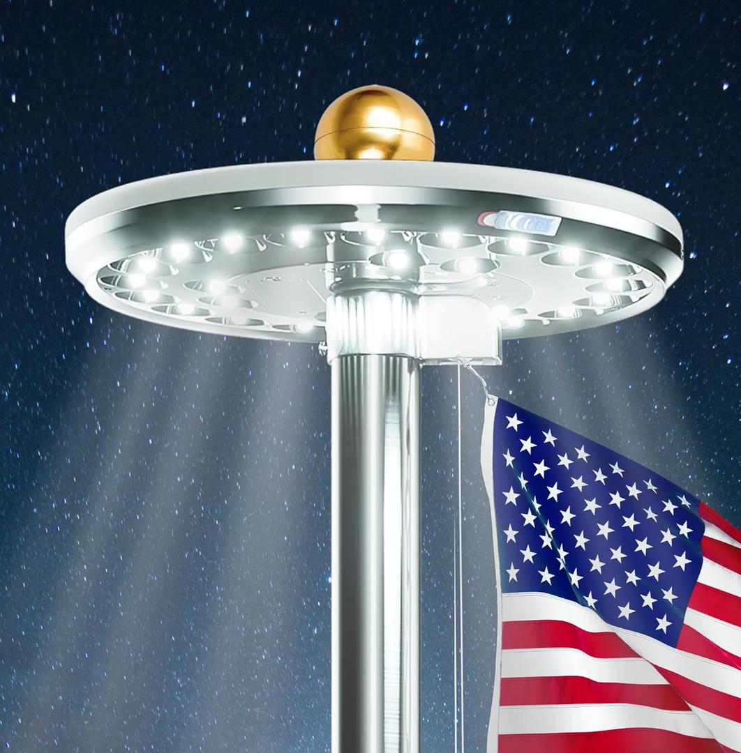 Deluxe Flag Pole Light Solar Powered - 1300 Lumen for Flagpole - Light Up American Flag Outdoor from Dusk to Dawn for 12+ Hours - 100% Coverage Silver Flag Light (Deluxe Silver)