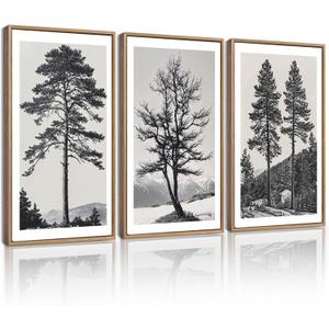 KUVIOKE Vintage Black Gray Forest Wall Art Framed Antique Retro Tree Prints Modern Rustic Artwork Bedroom Living Room Ready to Hang 16x24in (Natural Framed) (24L" x 16W" x 3 Panels Natural)