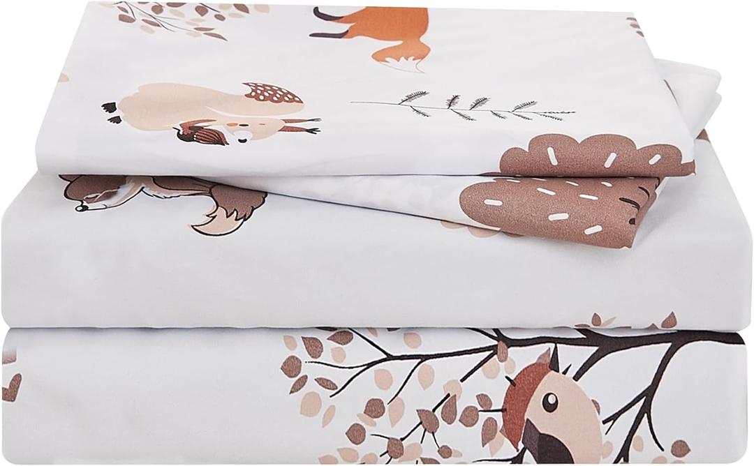 Yibeizi Woodland Forest Kids Sheets Set Twin, Fall Animal Print Bedsheets Camper Themed Microfiber Deep Pocket Bed Sheet & Pillowcase Sets 3 Pieces