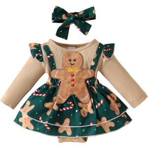 mlpeerw My First Christmas Baby Girl Outfit Newborn Christmas Romper Dress Cute Santa Dress Infant Fall Winter Xmas Clothes (3-6 Months, A Gingerbread Man-green)