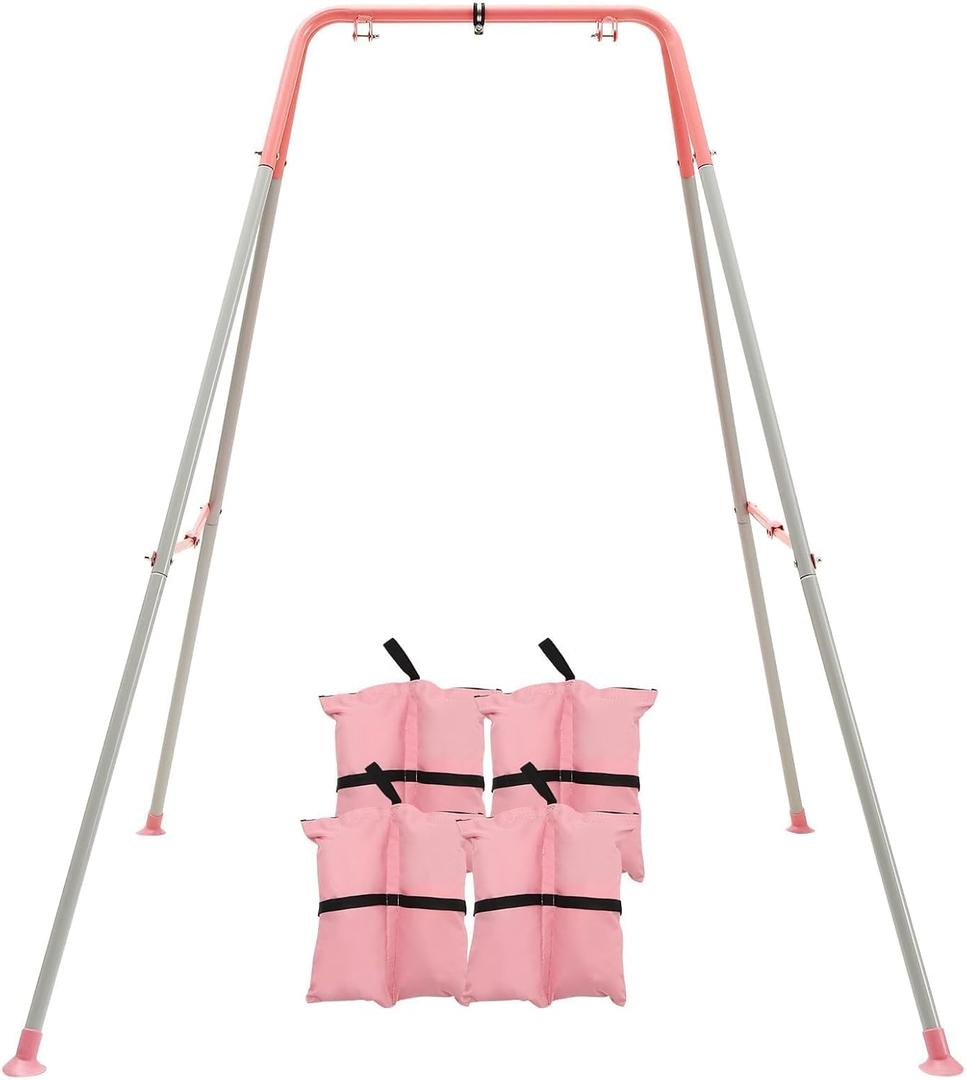 FUNLIO Foldable Swing Stand for Kids with 4 Sandbags, Heavy Duty Metal A-Frame Indoor/Outdoor for Backyard, Suitable Most Toddler/Baby Jumper/Hammock Chair - Pink