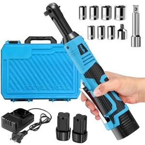 FULLYEA Cordless Electric Ratchet Wrench Set, 16.8V 3/8 cordless ratchet, 550 RPM, Variable Speed Power Ratchet Tool Kit with 2 * 2.0Ah Battery, 1/4" Adapter & 3" Extension Bar(Blue)