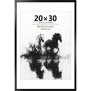 20x30 Metal Poster Frame - 20 x 30 Aluminum Picture Frame with Mat for 18x24 Photo, Tempered Glass Cover, Black Wall Hanging Photo Frame for Home Dcor