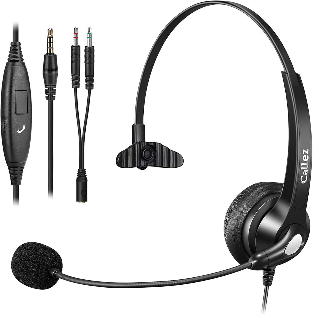 Callez Computer Headset, 3.5mm Cell Phone Headset with Mic Noise Cancelling, Wired Headphone for PC Laptop Tablet iPhone Android Call Center Home Office Work, in-line Controls (Black)