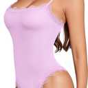 MANGOPOP Women's Lace Cami Thong Bodysuit Double Lined Square Neck Backless Body Suit Adjustable Spaghetti Strap Tank Tops (XL)