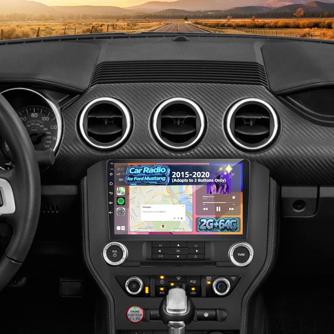 [2G+64G] Car Radio for Ford Mustang 2015-2020 (Adapts to 3 Buttons Only), Volxcereo 9 inch Android Touchscreen Stereo with Carplay/Android Auto, GPS, WiFi, Bluetooth, SWC, EQ, FM/RDS