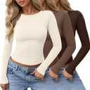 3 Pack Women's Long Sleeve Shirts Crewneck Going Out Basic Tops Tight Slim Fit Side Ruched Crop Tees Y2k Outfits (Cream, Light Coffee, Dark Coffee)