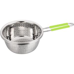 Stainless Steel Perforated Colander Strainer with Long Green Handle Sieve Sifters Use for Kitchen Food Pasta Noodles Spaghetti Vegetables Silver - 7.9inch