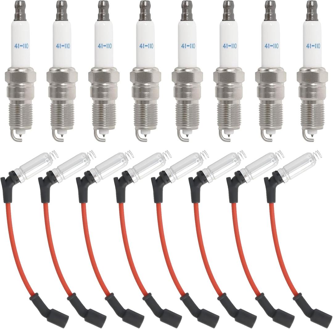 41-110 Iridium Spark Plugs and M8-48322 Spark Plug Wires Compatible with Chevy Silverado Suburban Avalanche Express GMC Cadillac Escalade Yukon Sierra Savana 5.3 6.0L 6.2L V8 LS Truck MCCKLE (8 Set)
