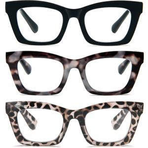 REAVEE Reading Glasses for Women, Blue Light Blocking Stylish Oversized Computer Readers Spring Hinge (Black/Blue Leopard/Clear Leopard)