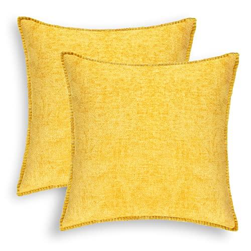 CaliTime Throw Pillow Covers Decorative 18 X 18 Inches Pack of 2 Cotton Thread Stitching Edges Solid Dyed Soft Chenille Cushion Cases for Couch Sofa Bed Living Room Farmhouse Mustard Yellow