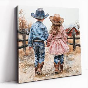 DRLWGTY Farmhouse Western Wall Art, Cowboy Kids Ranch Canvas Painting with Hand-Painted Texture Accents, Rustic Country Wall Decor for Living Room Bedroom, Ready to Hang, 24L"24W"