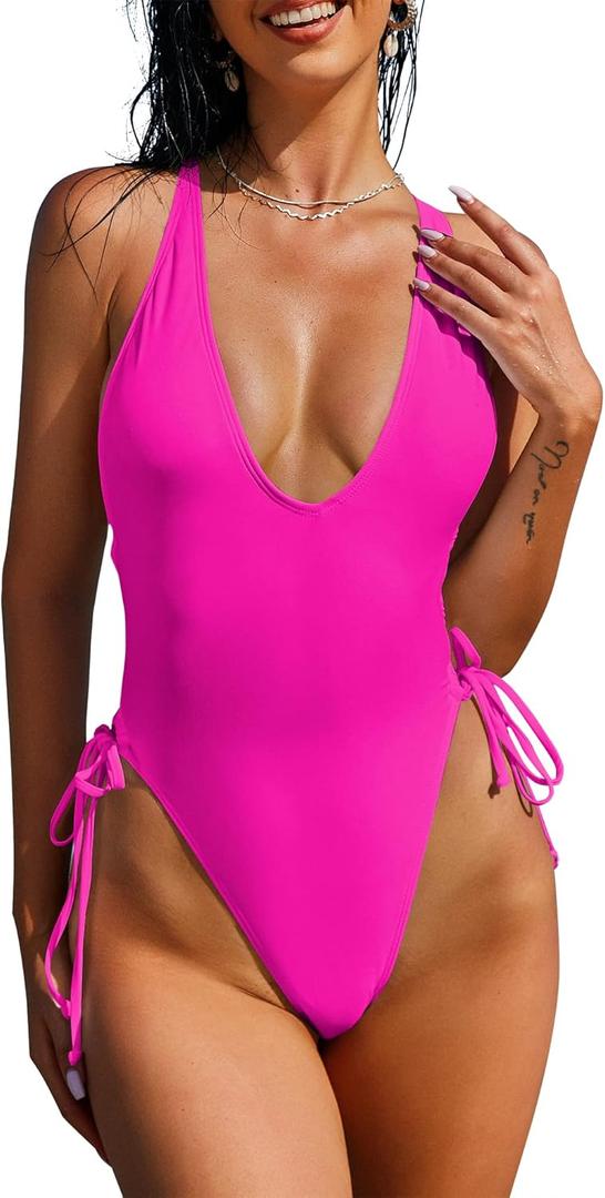ZAFUL Women Plunging One Piece Swimsuit Backless Cross Tie High Cut Thong One-Piece Bathing Suit (Small, 0-hot Pink)