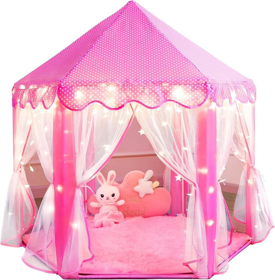 Princess Tent for Girls Fairy Castle Play Tents for Kids Toddler, Hexagon Kids Playhouse with Gift Box, Princess Toys & Gift for Girls for Indoor (Pink)
