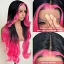 FABLLE Hot Pink stripe Lace Front Wig Synthetic Wig Black and Hot Pink Highlight Body Wave HD Lace Frontal Glueless Pre Plucked Bleached Knots Skunk Stripe 30 Inch