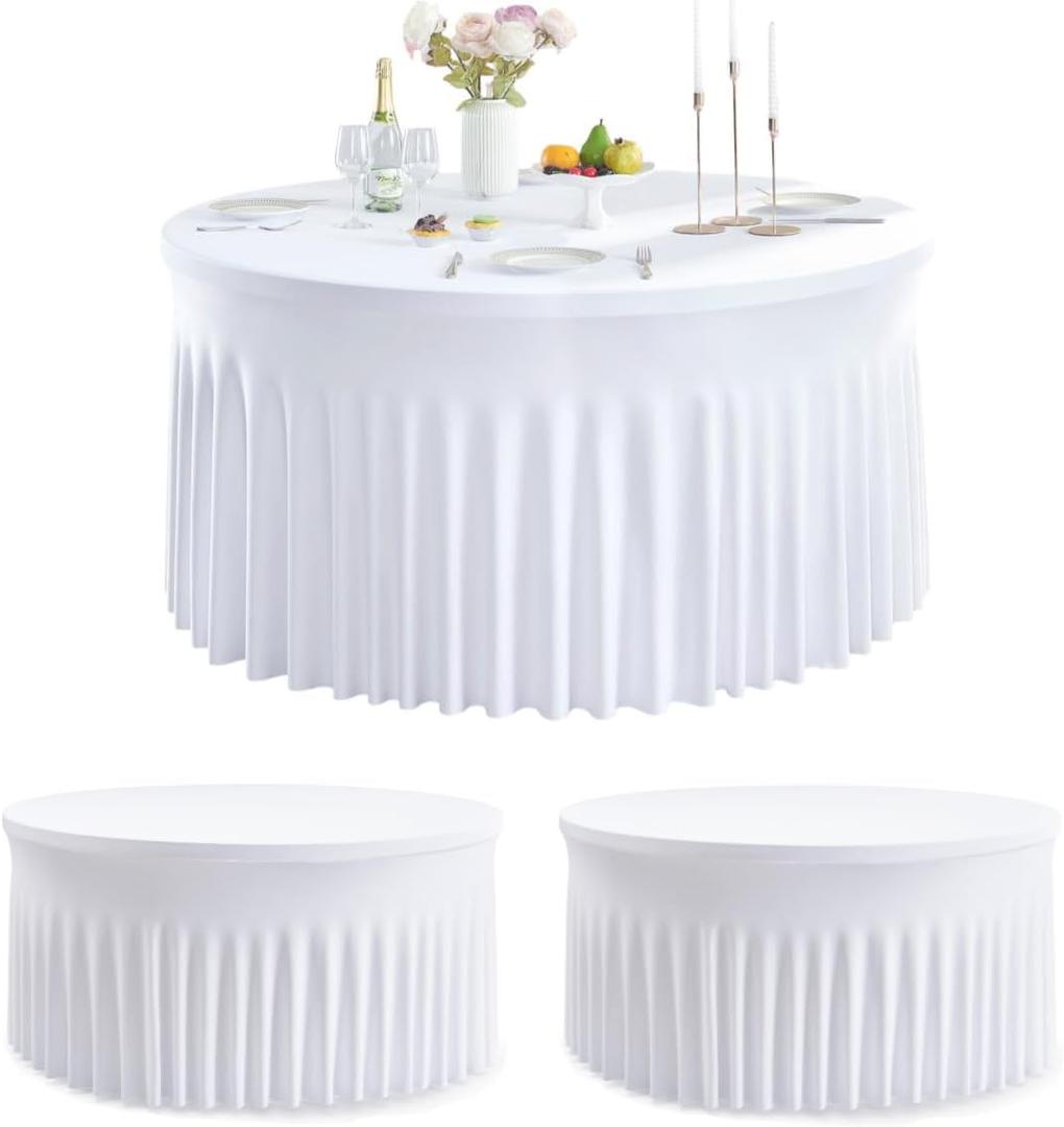 Leegleri 2 Pack White Spandex Round Tablecloths, 60-120in Stretchy Fitted Table Cover with Skirt, Wrinkle Free for Wedding Party Dining Banquet