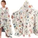 Space Adventure Hooded Towel for Kids, Planet Rocket Astronaut Hooded Poncho Blanket for Toddlers 30" x 50", Soft Flannel Wearable Blanket Bath Towel for Boy, Birthday Space Gift for Pool, Beach, Swim