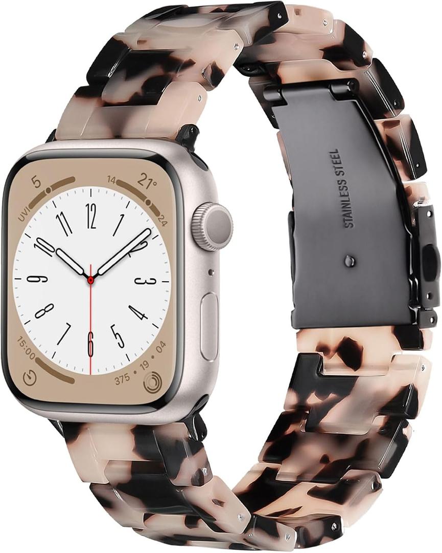 Resin Watch Band Compatible with Apple Watch Band for Women 38mm 40mm 41mm Tortoise Metal Buckle Wristband Bracelet Strap for iWatch Series 10 9 8 7 6 5 4 3 2 1 SE (Black Floral)