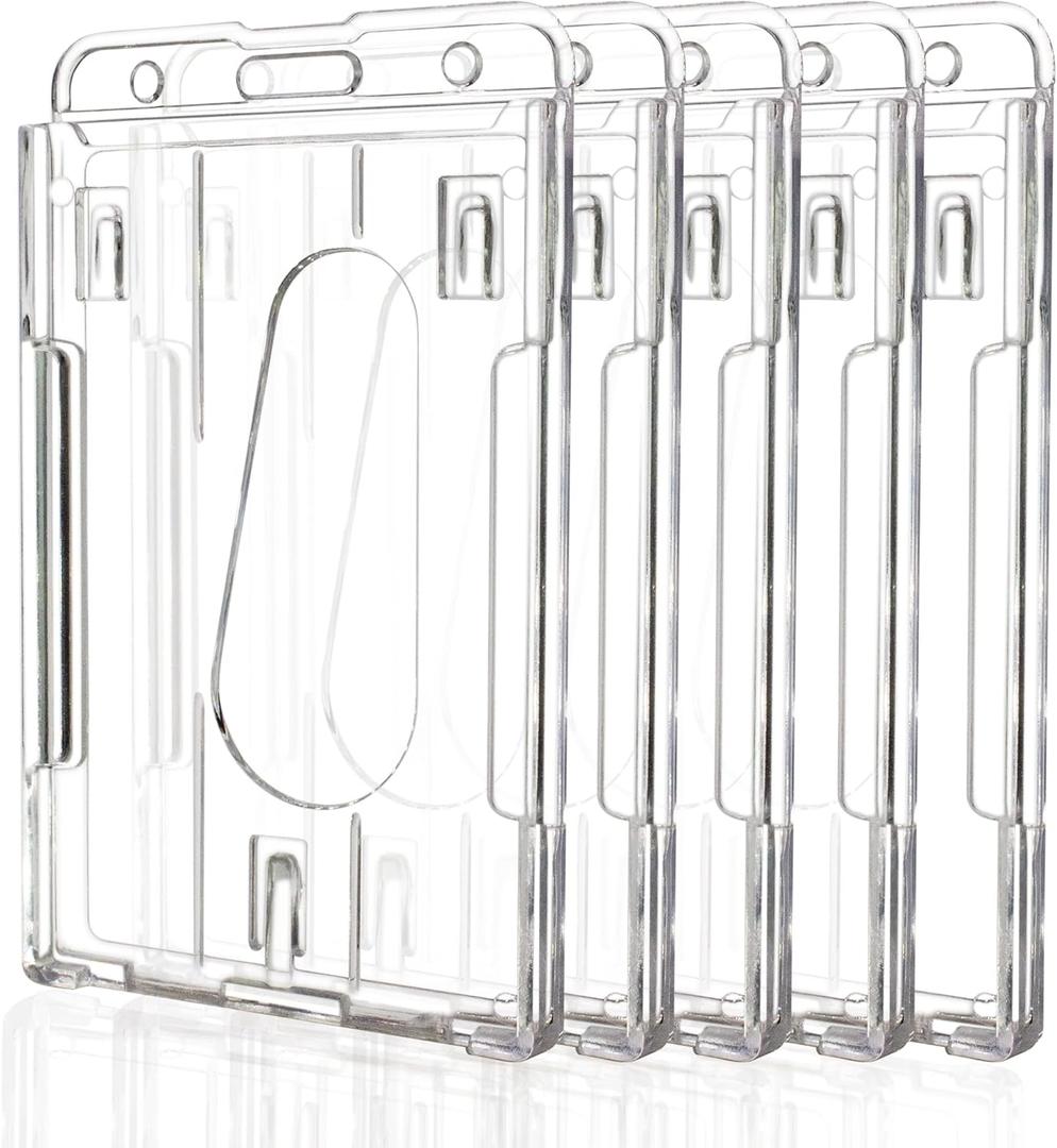 Teskyer Hard Plastic Badge Holder, Clear ID Badge Name Card Holder with Easy Access Thumb Slot, Holding 2 Cards, Vertical Style, 5 Pack