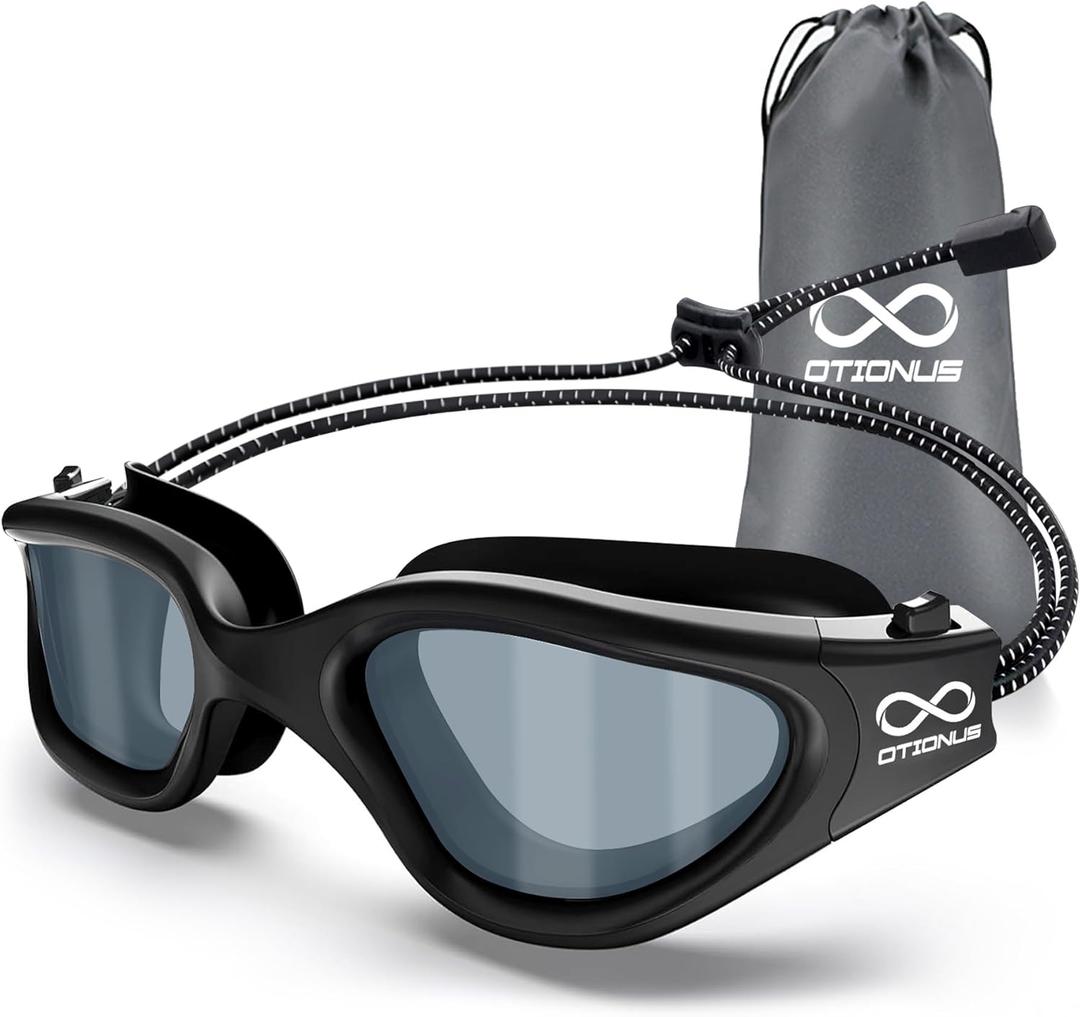 Swim Goggles, Polarized Adult Swimming Goggles Bungee Strap No Hair Pulling Anti-fog Pool Goggles for Men Women (04-black/Polarized Smoke)