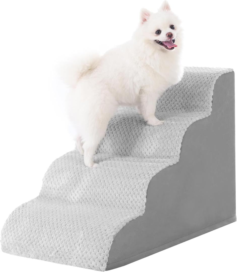 Dog Stairs Ramp, Curved 4-Step Dog Steps for Small Dogs and Cats, Pet Stairs for High Beds and Couch with Anti-Slip Washable Cover and Durable High Density Foam, Grey