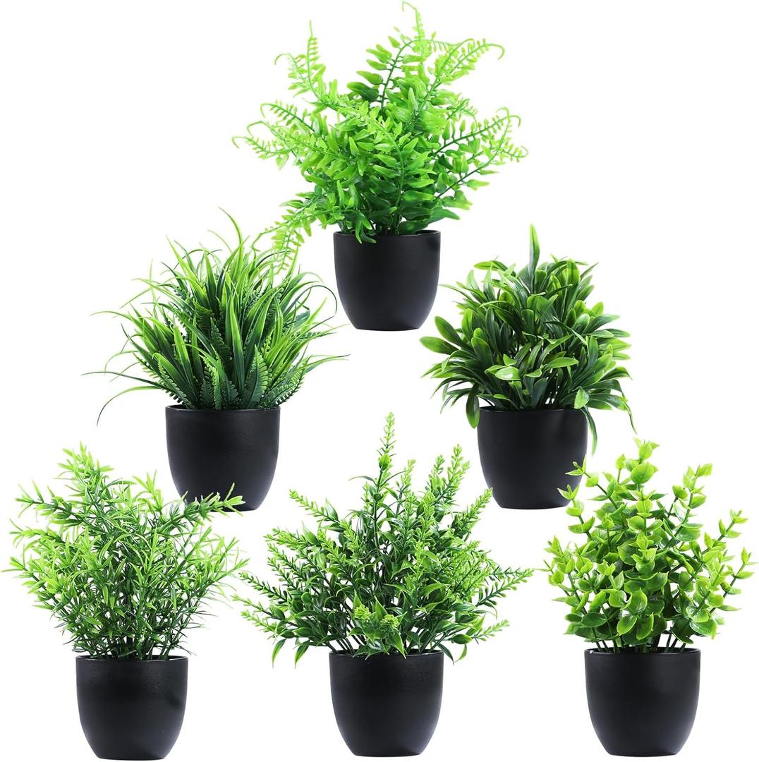 Clearain Fake Plants 6 Packs Artificial Plants Small Faux Plants Black Bathroom Accessories for Bathroom Home Kitchen Coffee Table Office Desk Decor Indoor (Black)