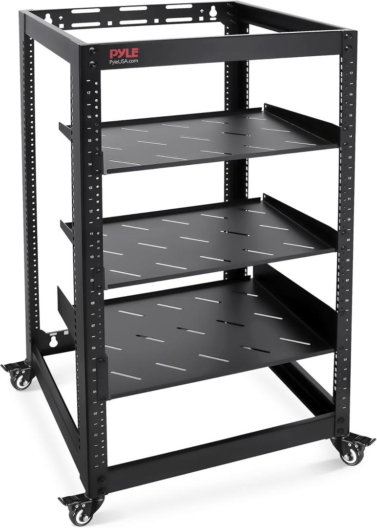 Pyle 20U Open Frame Server Rack - Wall Mount Network Rack for Servers, Networking & AV Gear - Heavy-Duty 19" Equipment, Includes 1U & 2U Vented Shelves for Airflow, Lockable Wheels - 440 lbs Capacity