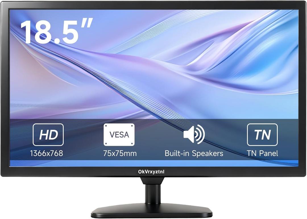 18.5 inch HD (1366 x 768) CCTV Monitor, 16:9 with BNC/VGA/HDMI/Built-in Speaker 60Hz Refresh Rate, Small Monitor for laptops, Computers and desktops,LED Display,VESA 75x75MM