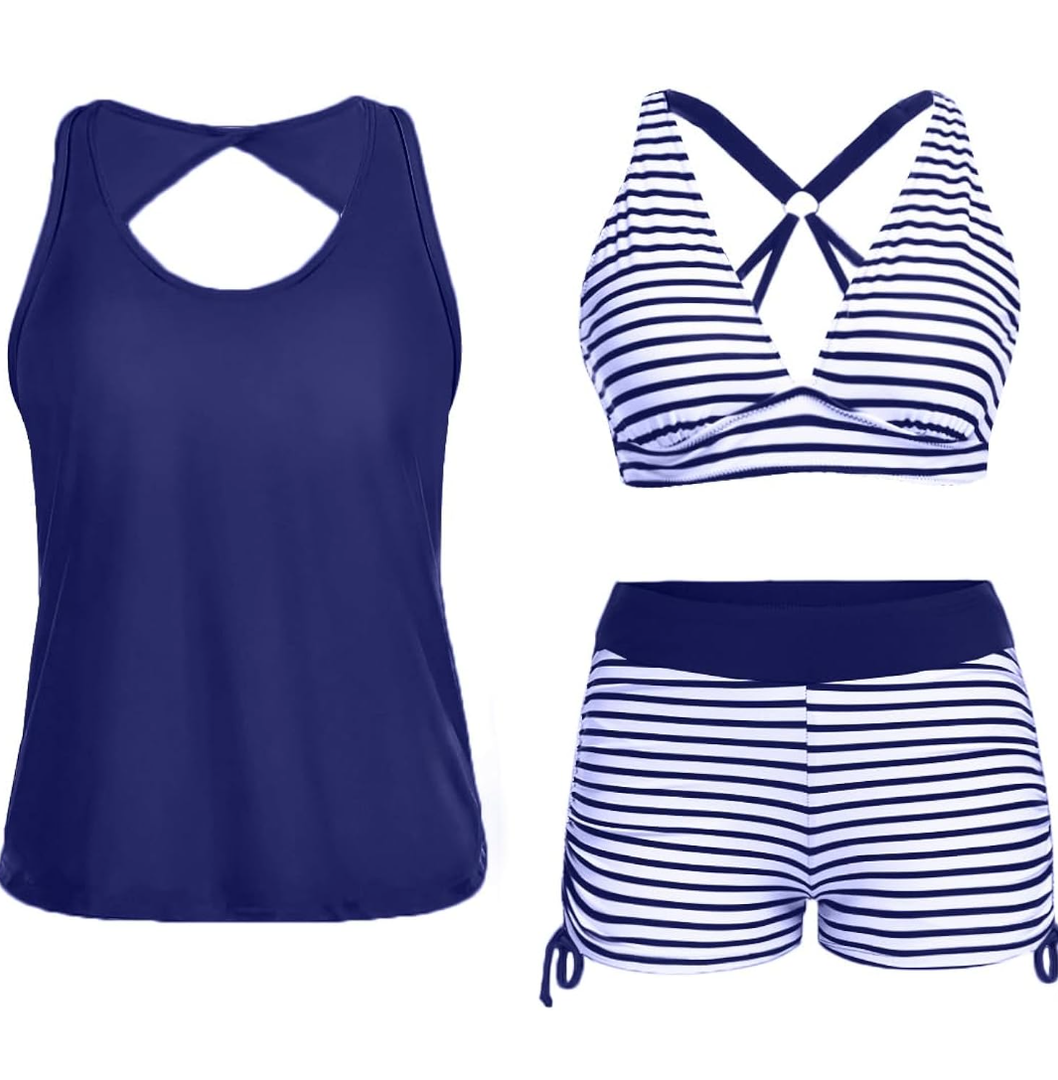 Yonique 3 Piece Tankini Swimsuits for Women Swim Tank Top Bathing Suits with Boy Shorts and Bra Athletic Swimwear, Size L