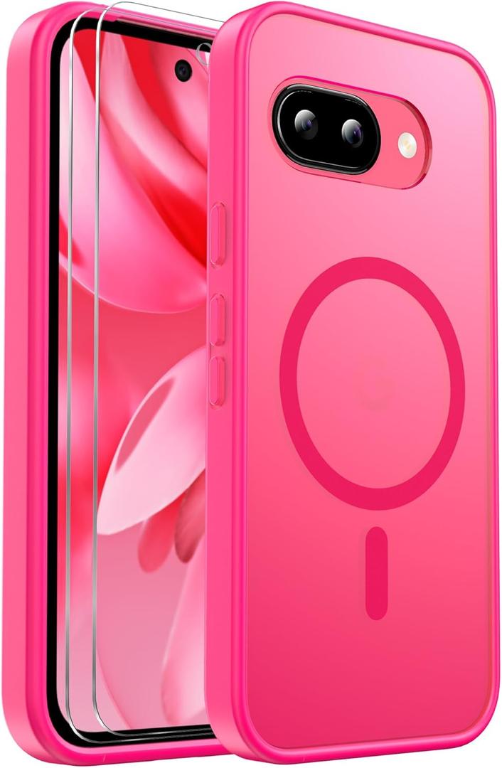 for Google Pixel 9A Case Magnetic Shockproof, [Fit for MagSafe] [Glass Screen Protector] Translucent Anti-Fingerprint Case for Google Pixel 9A (Hot Pink)