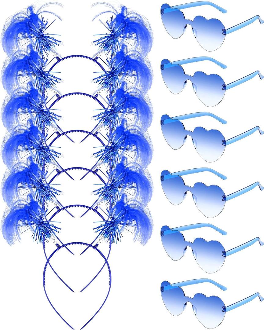 12 Pcs Pom Pom Headband Tinsel Wrapped Ponytail Headband with Heart Sunglasses Costume Halloween Cosplay Hair Party Accessory(Blue)