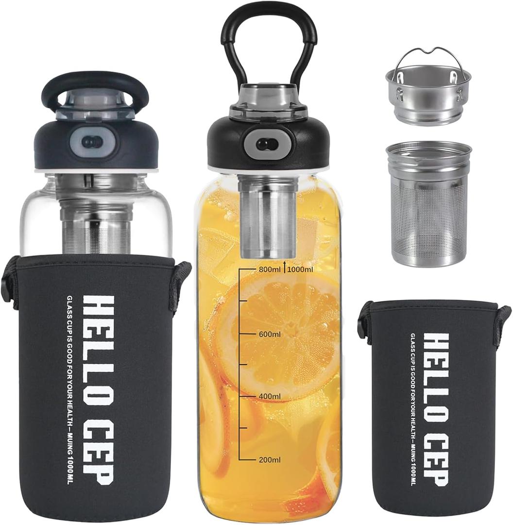 34oz Glass Water Bottle with capacity Mark & Stainless Steel Tea Strainer-Large Capacity for Hot/Cold Drinks, Coffee, Tea, and Water-Includes Protective Sleeve, Perfect for Home, Office (34oz2PCS)