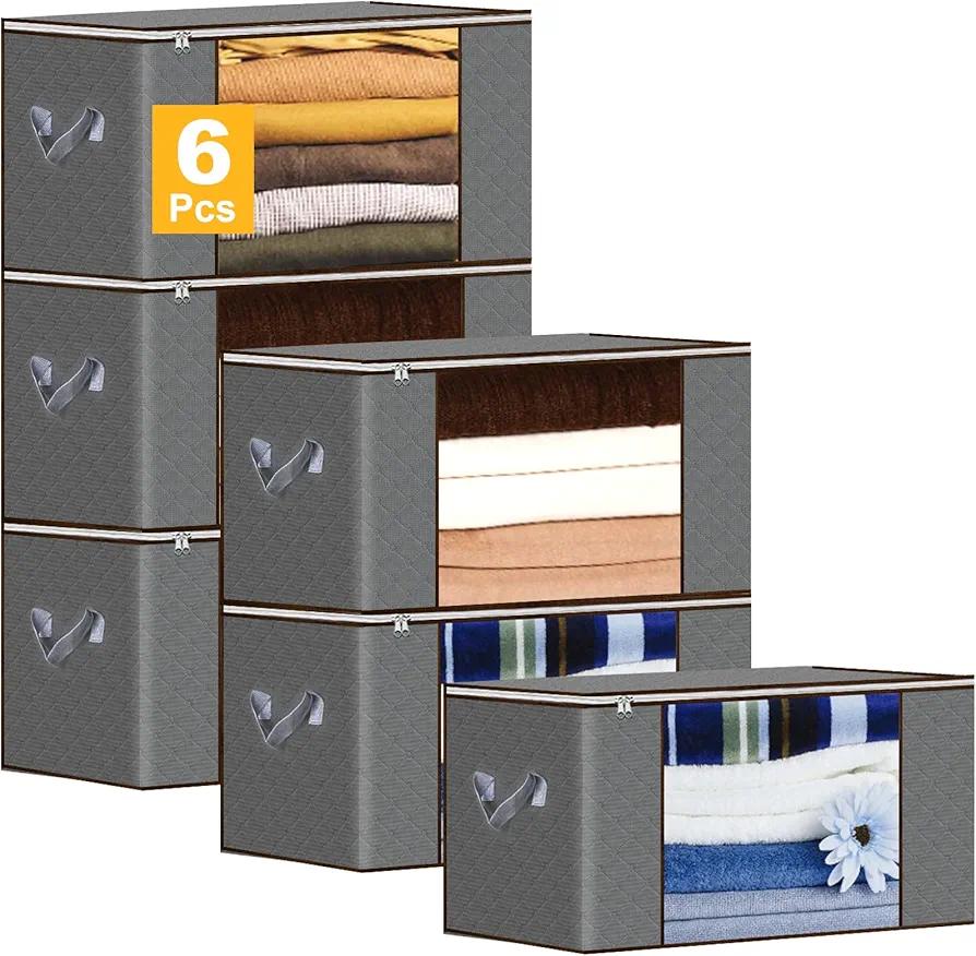 6Pcs 90L Large Bed Sheets Storage Bags, Clothes Storage Bins Foldable Closet Organizer Storage Containers with Durable Handles Thick Fabric for Clothing, Blanket, Comforters, Bed Sheets, Pillows and Toys (Gray)