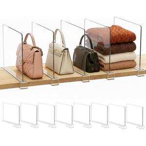 SortNStore Shelf Dividers Purse Organizer for Closet: 8-Pack Acrylic Bag Storage Organizer for Handbags, Clutches, Clothes, Sweater, Towel on Wood Shelves (Standard: 8" Tall x 12" Deep)