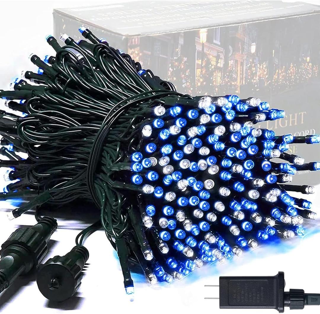 JMEXSUSS 250LED Christmas String Lights 91.5ft Extendable Green Wire Christmas Lights Outdoor Waterproof, 8 Modes LED String Lights Indoor for Tree Wedding Party Garden Patio Decoration, Blue & White