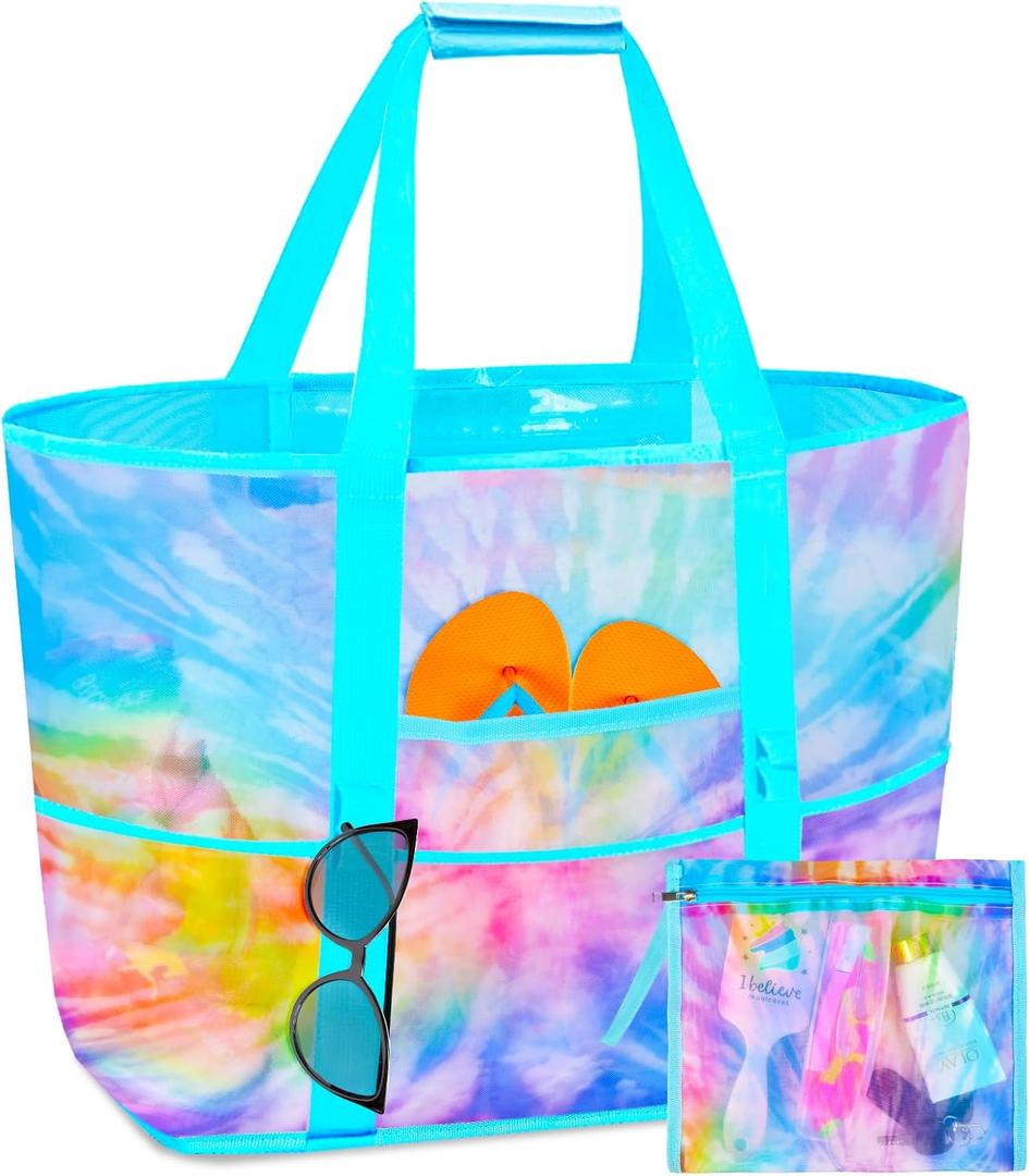 Mesh Beach Bag - Large Beach Tote Bag Women Pool Bags with Zipper 10 Pockets Foldable Beach Toy Bag for Towel, Flip Flops (Tie Dye)