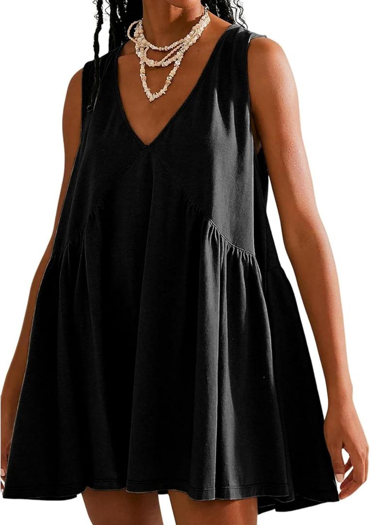 OPCAKM Women's V Neck Sleeveless Mini Dress Loose Summer Pleated Swing Flowy Sundress (Black), Small