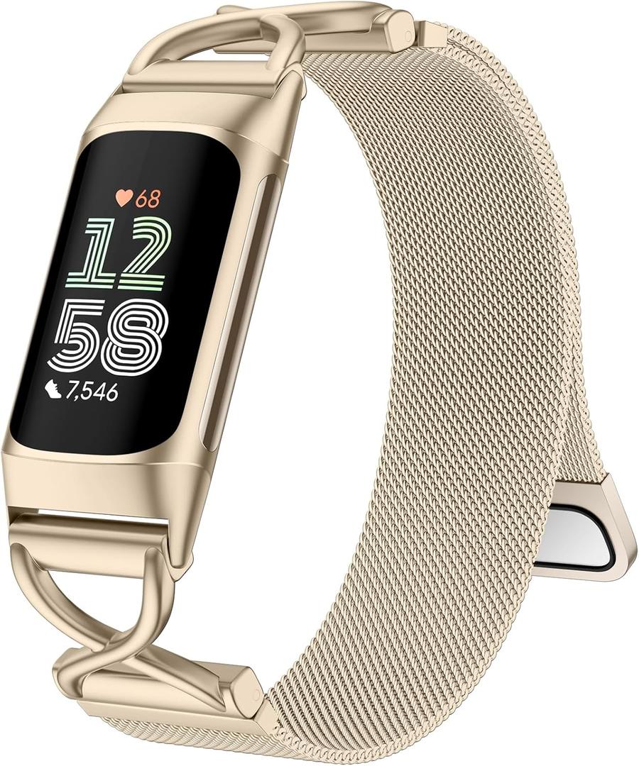JKD X-Shape Metal Band Compatible with Fitbit Charge 6/ Charge 5 Bands for Women Men, Soft Stainless Steel Mesh Loop Strap Bracelet Wrist Band Replacement for Fitbit Charge 5/ Charge 6 Fitness Tracker, Champagne Gold