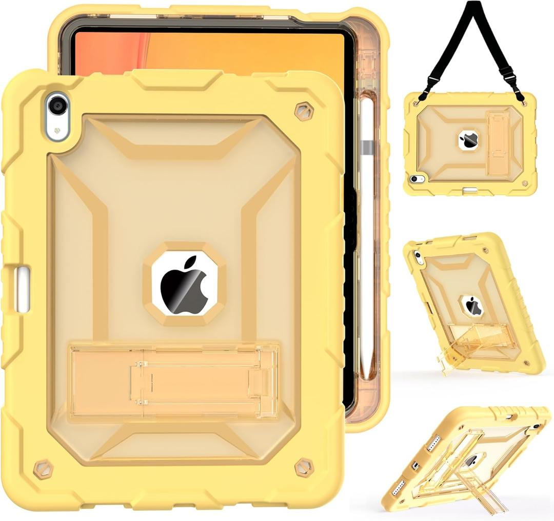 TIMISM Case for iPad (A16) 11th/10th Generation(2025/2022) with Shoulder Strap, Kickstand and Pencil Holder, Translucent Hard PC Back Cover, Heavy Duty Shockproof Rugged Protective Case, Yellow