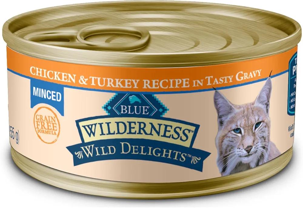 Blue Buffalo Wild Delights Minced Adult Chicken & Turkey Wet Cat Food, 5.5 oz Can, Pack of 24, Best By: 2028 Jun 28