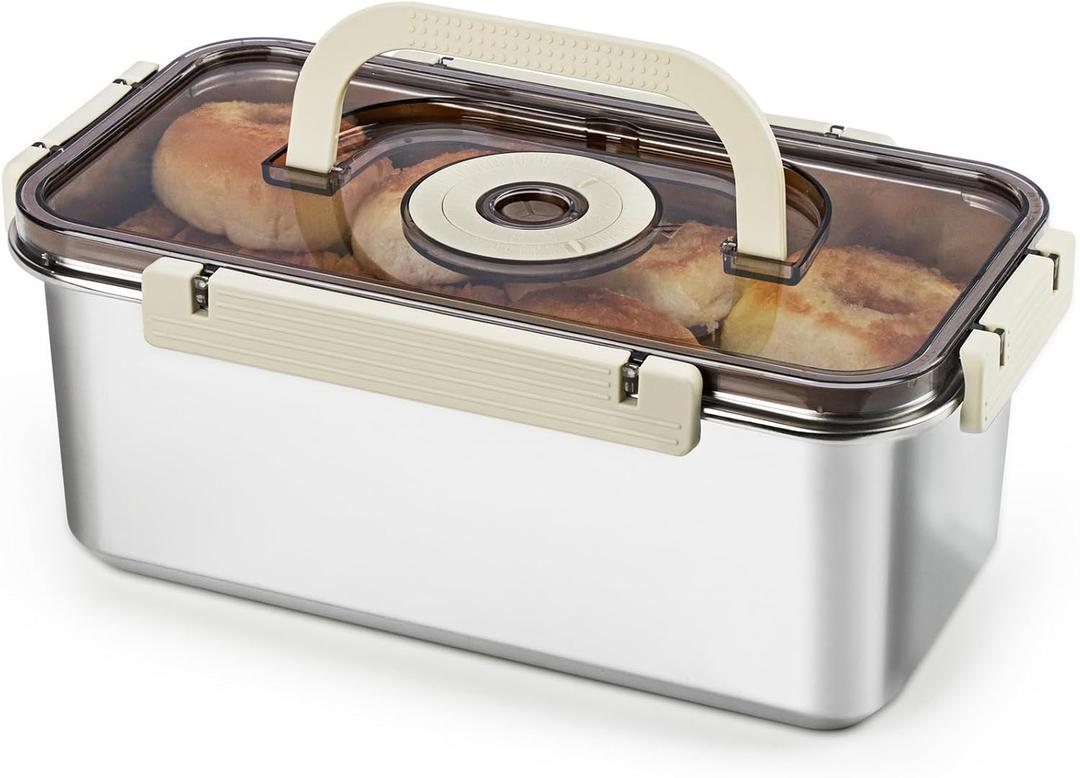Stainless Steel Bread Box With Handle - A Sealed Bread Storage Container Featuring A Sealed Lid And A Handle, Suitable For Time-Recording Storage. This Bread Box Is Ideal For Preserving Kitchen Food