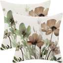 Floral Pillow Covers 18x18 Set of 2, Brown Green Chinoiserie Flower Leaves Outdoor Throw Pillows Spring Summer Farmhouse Cushion Case Decorations for Home Couch