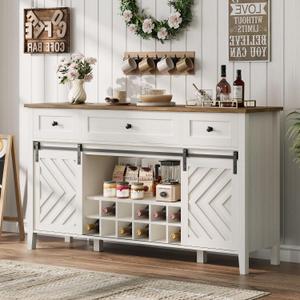 CABIHOME Farmhouse 47.2'' Buffet Cabinet with Sliding Barn Door, 33.4'' Tall Wood Rustic Sideboard with 3 Drawer, Adjustable Shelf and Removable Wine Rack (White, 59'')