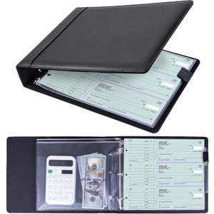 Antner 3 Ring Personal Check Binder for 3-on-a-Page End-Stub Deskbook & Personal 3 Holes or 9 Holes Small Size Checks, PU Leather Check Holder Checkbook Binder Cover with Zipper Pouch, Black