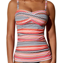 Women's Twist Front Bandeau Tankini Set Two Pieces Ruched Tummy Control Suimsuit with Mid Waist Briefs, XL
