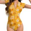 Century Star Short Sleeve Swimsuit Women Bathing Suit One Piece 2026 Teen Girls Modest Rash Guard Swimsuit High Neck Cute (Large, Yellow Floral)