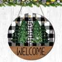 CroBlissful Winter Welcome Door Sign Decoration Rustic Xmas Tree Wonderland Wreath Black White Buffalo Plaid Hanging Sign Farmhouse Decor for Winter Front Porch Door Wall Window