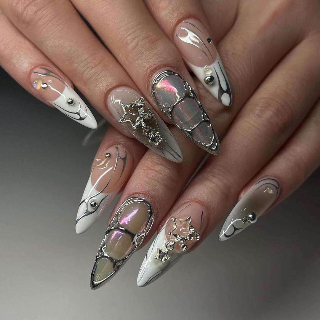 24 Pcs Halloween Almond Short Press on Nails - SHANRUN White French Fake Nails Press ons Nail Art Tips Glue on Nails Full Cover Acrylic False Nails with Flame Stars Charms Design Stick on Nails Women