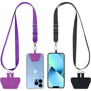 CACOE Phone Lanyard 2 Pcs Adjustable Neck Strap,4 Pcs Patches,Universal Crossbody Multifuctional Polyester Lanyards Compatible with Most Smartphones(Black+Purple)