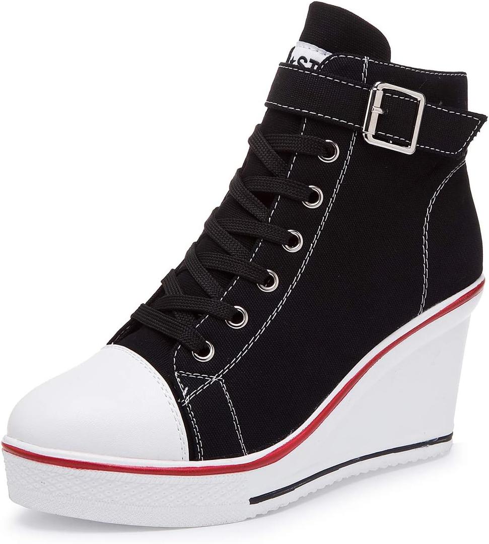 Women's Canvas High-Heeled Shoes Fashion Sneakers Casual Shoes for Walking Platform Wedges Pump Shoes (Black)